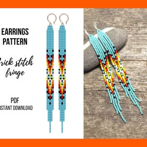 Ethnic bead earring pattern, Brick stitch pattern, Seed bead fringe, Native American style, Beadwork easy, Bead weaving, PDF digital, 370