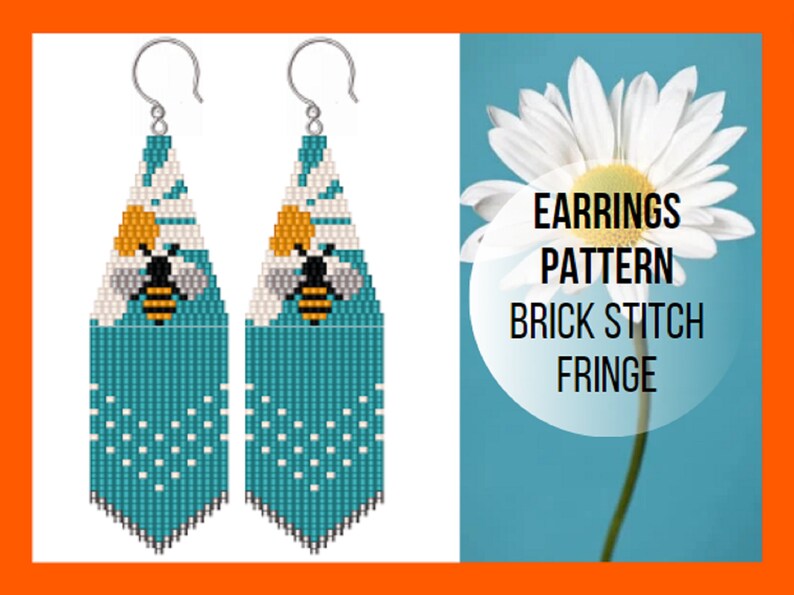May include: A pair of turquoise and white beaded earrings with a bee and flower design. The earrings are made with brick stitch and have a fringe. The earrings are called "EARRINGS PATTERN BRICK STITCH FRINGE".
