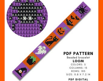 Halloween Bead loom bracelet pattern, Pumpkin, Spider, Bat, Black cat, Ghost, Witch's cauldron with potion, Pointy hat, pdf digital 068