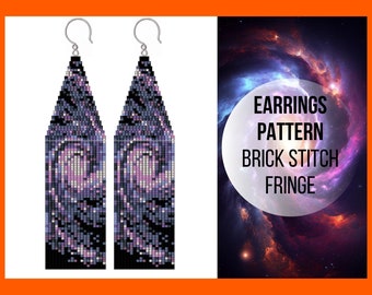 Galaxy spiral seed bead fringe earring pattern, Brick stitch space, Nature night sky, swirl vortex of stars, Milky way, Delica, digital