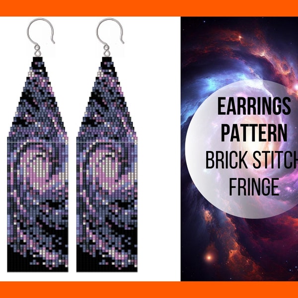 Galaxy spiral seed bead fringe earring pattern, Brick stitch space, Nature night sky, swirl vortex of stars, Milky way, Delica, digital