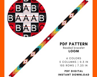 May include: A digital PDF pattern for a beaded bracelet loom. The design features a colorful pattern with black, red, yellow, and turquoise beads. The text includes "6 COLORS", "5 COLUMNS | 0.3 IN", and "105 ROWS | 7.23 IN".