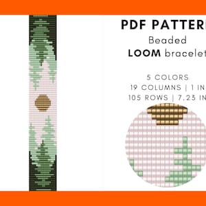 Könnte beinhalten: PDF-Muster für ein gewebtes Perlenarmband mit einer Waldszene. Das Muster ist für ein 18,36 cm Armband mit 19 Spalten und 105 Reihen. Das Design beinhaltet eine Sonne, Bäume und einen rosa Hintergrund.