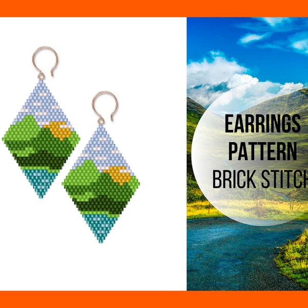 Morning sun brick stitch earring pattern, Mountain River, Seed bead rhomb,  Landscape earring, Lake Nature, Miyuki Delica, Beadwork, digital
