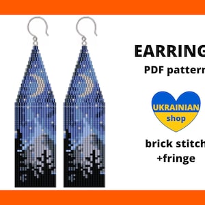 Seed bead earring pattern, Landscape mountain night sky moon, Brick stitch, Fringe earrings, Miyuki Delica, Beading, Beadwork, pdf digital