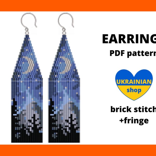 Seed bead earring pattern, Landscape mountain night sky moon, Brick stitch, Fringe earrings, Miyuki Delica, Beading, Beadwork, pdf digital