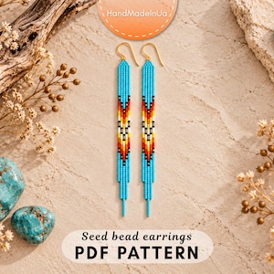 May include: Long, slender dangle earrings crafted from turquoise, red, yellow, white, and black seed beads. The earrings feature a geometric pattern and gold-tone ear wires. The text "Seed bead earrings PDF PATTERN" is visible at the bottom.