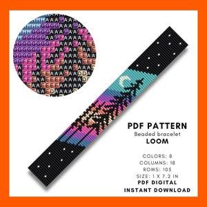 May include: A digital PDF pattern for a beaded bracelet loom. The design features a night scene with a crescent moon, trees, and a gradient of colors. The bracelet is 1 inch by 7.2 inches.