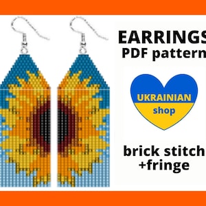 Seed bead earring pattern, Fringe earring pattern, Beaded earring patterns, Brick stitch pattern, Sunflower earring pattern, PDF digital