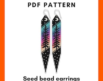 Brick Stitch Fringe earring Pattern PDF, Northern Lights Tree Moon phase Beading Miyuki Delica Aurora Jewelry Design Gift digital 358