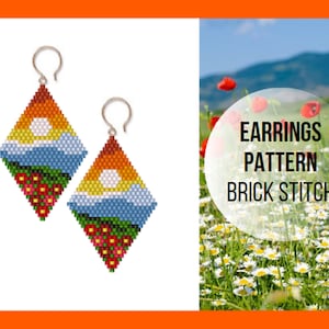 May include: A pair of beaded earrings featuring a landscape design. The earrings are crafted using colourful beads in a brick stitch pattern. The design depicts a sunset, mountains, and a field of flowers. The earrings are suspended from silver ear wires. The text "EARRINGS PATTERN BRICK STITCH" is visible in the image.