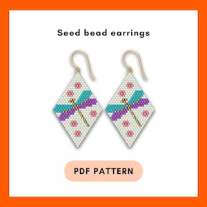 Dragonfly brick stitch earring pattern, Spring design, Insect, flower, floral, Seed bead Miyuki Delica, Flat rhomb earring, digital 387