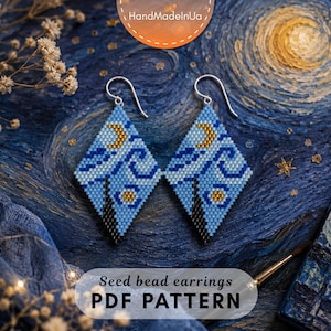 May include: Diamond-shaped seed bead earrings featuring a light blue background with dark blue swirls, a gold crescent moon, and a gold star. The earrings have silver-toned metal hooks. The image includes the text HandMadeInUa and Seed bead earrings PDF PATTERN.