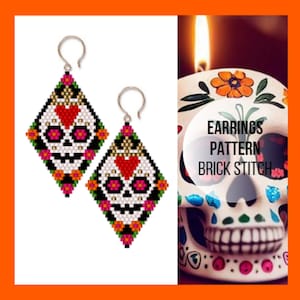 May include: A pair of beaded earrings with a white skull design, red heart, and colorful flowers. The earrings are in a diamond shape and are made with brick stitch. The earrings are displayed against a background of a sugar skull candle.
