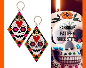 Patrón de aretes de punto ladrillo con calavera de azúcar floral, Día de Muertos, Patrón de cuentas de semillas, Calavera con flor, PDF digital
