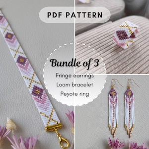 May include: A PDF pattern bundle of 3 featuring a loom bracelet, a peyote ring, and fringe earrings. The jewelry items are crafted with white, pink, purple, and gold beads in a geometric pattern. The text reads PDF PATTERN and Bundle of 3.
