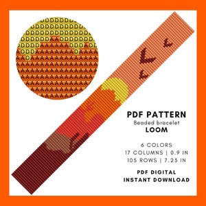 May include: A digital PDF pattern for a beaded bracelet loom. The design features a sunset color scheme with orange, yellow, and brown hues. The pattern includes 6 colors, 17 columns, and measures 0.9 inches wide and 7.23 inches long.