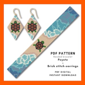 Sea turtle Odd peyote beading bracelet pattern Brick stitch earring Set of 2 Ocean waves Miyuki Delica seed bead Bookmark PDF digital 041