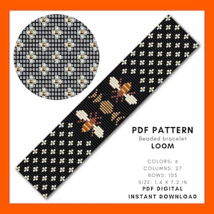 May include: A black beaded bracelet loom pattern with a bee design. The pattern includes 6 colors, 27 columns, and 105 rows. The bracelet size is 1.4 x 7.2 inches. The pattern is a PDF digital instant download.
