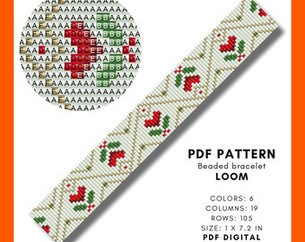 May include: A digital PDF pattern for a beaded bracelet loom. The design features a repeating pattern of red berries and green leaves on a light green background. The bracelet is 1 inch by 7.2 inches.