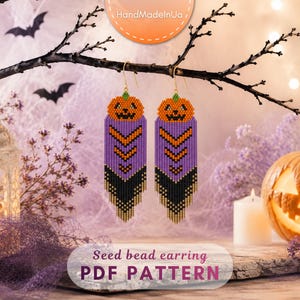 May include: A pair of long, dangling seed bead earrings featuring a jack-o'-lantern pumpkin top in orange and green, followed by a purple and black chevron pattern with fringe. The text "Seed bead earring PDF PATTERN" is visible at the bottom.