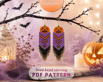 May include: A pair of long, dangling seed bead earrings featuring a jack-o'-lantern pumpkin top in orange and green, followed by a purple and black chevron pattern with fringe. The text "Seed bead earring PDF PATTERN" is visible at the bottom.