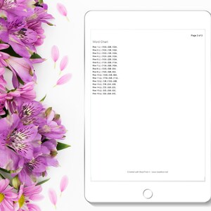 May include: A white tablet screen displaying a word chart with the text "Word Chart" and a list of rows numbered 1 through 18. The text on the screen is black. The tablet is on a white surface with a bouquet of purple flowers in the upper left corner.