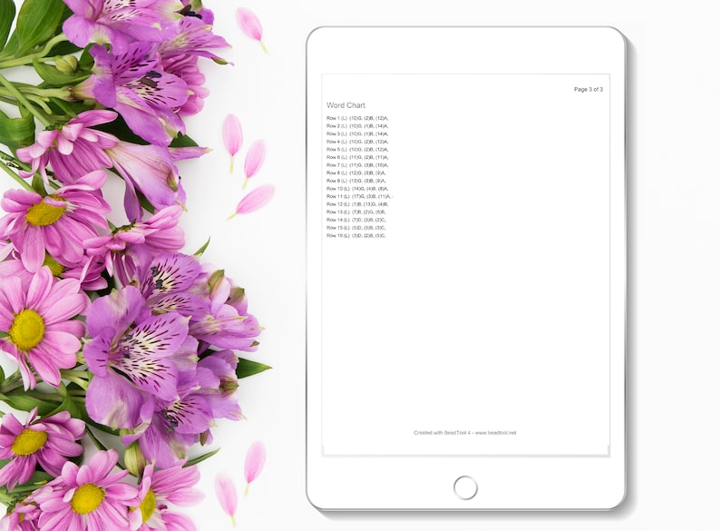 May include: A white tablet screen displaying a word chart with the text "Word Chart" and a list of rows numbered 1 through 18. The text on the screen is black. The tablet is on a white surface with a bouquet of purple flowers in the upper left corner.