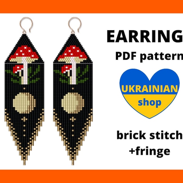 Mushroom brick stitch earring pattern, Full moon earring pattern, Fly agaric pattern, Witchy fungi pattern, pdf digital download