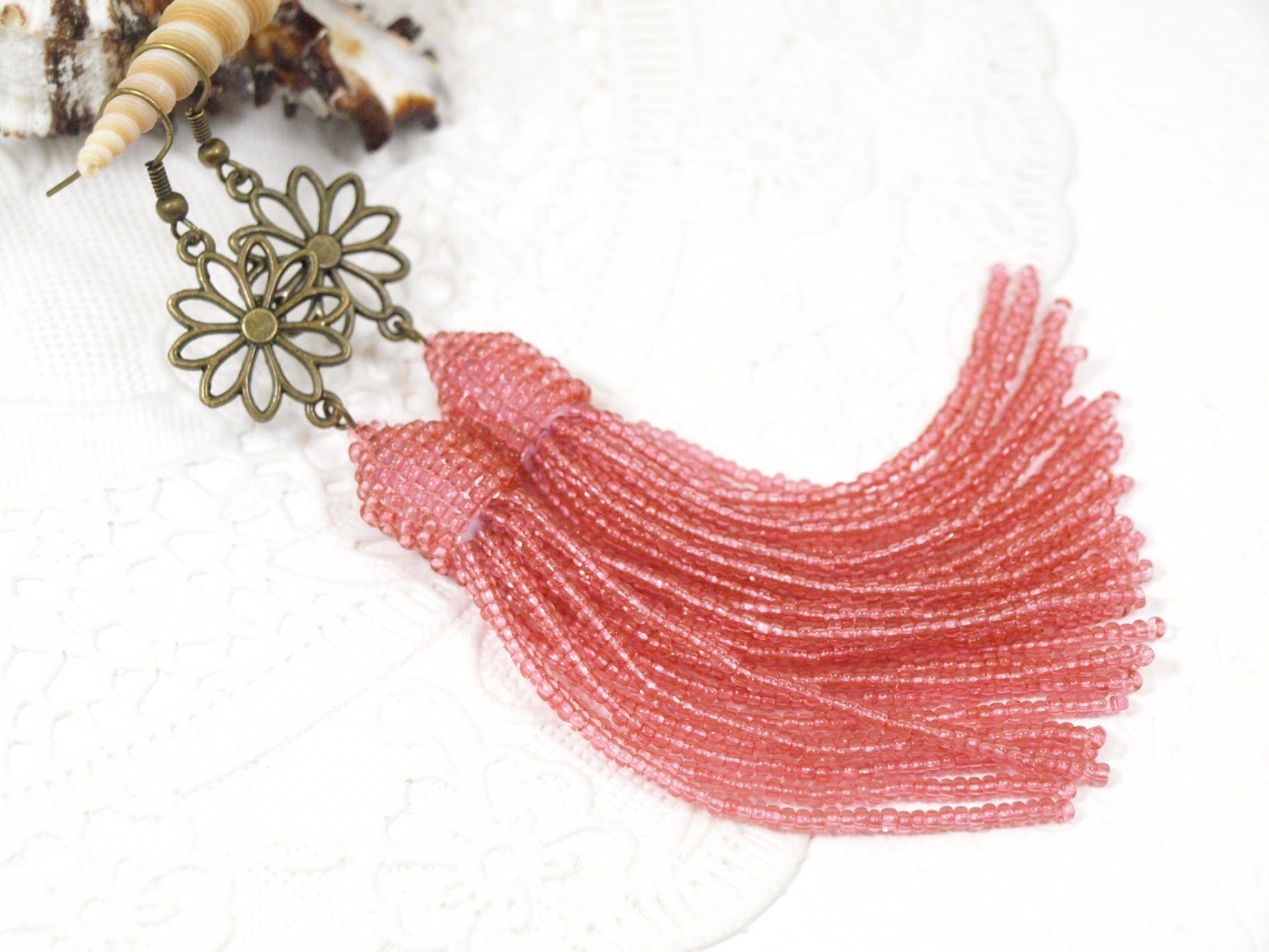 5.1 Blush pink tassel earring Flower earring Blossom Etsy