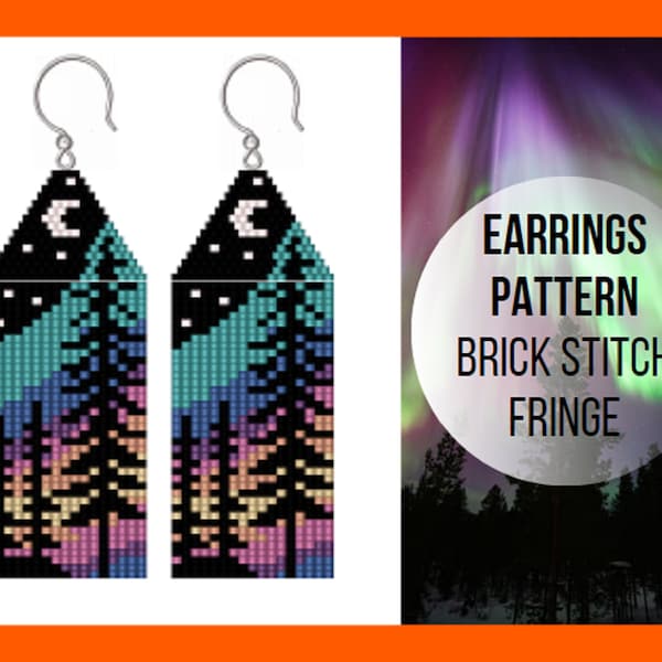 Moonlight tree Northern lights brick stitch fringe earring pattern, Seed bead moon, Starry sky, Landscape nature, Galaxy stars, digital