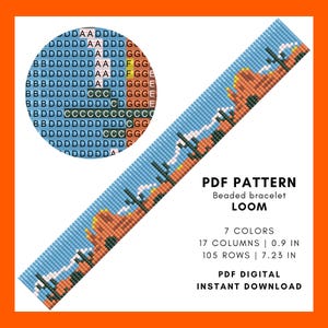 May include: A digital PDF pattern for a beaded bracelet loom. The design features a landscape with cacti and mesas in shades of orange, brown, and green against a blue sky. The pattern is 0.9 inches wide and 7.23 inches long.