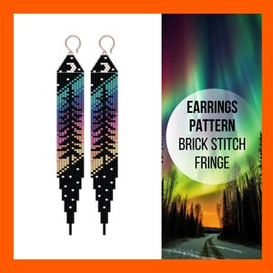 May include: A pair of long, beaded earrings with a black background and a rainbow gradient. The earrings feature a silhouette of a pine tree and a crescent moon. The text "EARRINGS PATTERN BRICK STITCH FRINGE" is visible in the image.