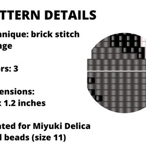 May include: A beading pattern for a black and white beaded fringe with a brick stitch technique. The pattern is 4.5 inches by 1.2 inches and is designed for Miyuki Delica seed beads (size 11).