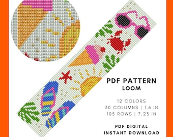 Loom beading Summer beach wide bracelet pattern Beach theme Ice cream Crab Flip flops DIY Bookmark Miyuki Delica seed bead PDF digital 037