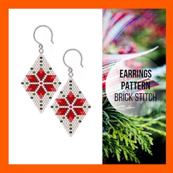 Christmas brick stitch earring pattern, Poinsettia, Seed bead pattern, Nordic star, Scandinavian Snowflake Bead weaving pattern, pdf digital
