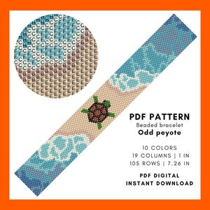 Pulseira de miçangas peyote com tartaruga marinha, padrão incomum, ondas do oceano, animal marinho, praia, pulseira de pulso, miçangas Miyuki Delica, marcador de livro em PDF digital 041