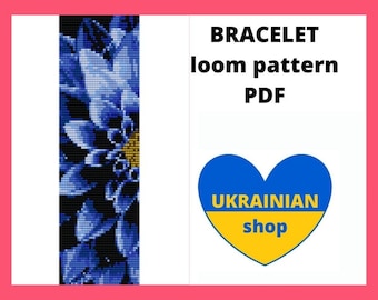 Dahlia flower loom pattern, Blue flower pattern, Loom beaded bracelet, Bead loom pattern, Beadwork, Bead weaving, Miyuki Delica, pdf digital