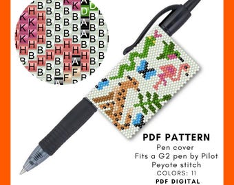 Peyote Pen Wrap Pattern PDF, Leopard Flamingo Hummingbird Snake Butterfly Miyuki Delica, Back to school Pilot G2 Cover Design Gift 005