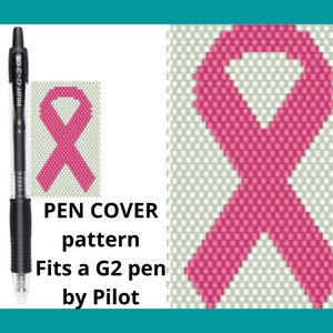 May include: A pink ribbon pattern for a pen cover, designed to fit a Pilot G2 pen. The pattern is made of small pink and white squares.