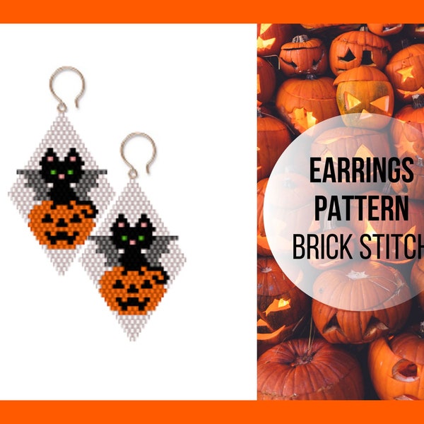 Black cat bat pumpkin brick stitch earring pattern, Halloween earring, Seed bead, Miyuki Delica, Autumn, Jack O Lantern, Spooktober, digital