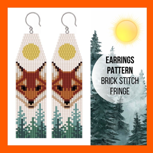Sun Fox Forest seed bead earring pattern,Brick stitch fringe, Wild animal, Pine tree, Nature, Landscape, Misty forest, pdf digital