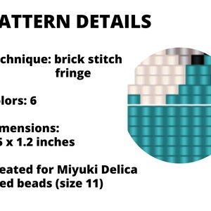 May include: A beading pattern for a small project using brick stitch and fringe techniques. The pattern is for Miyuki Delica seed beads (size 11) and is 3.5 inches by 1.2 inches. The pattern uses 6 colors.