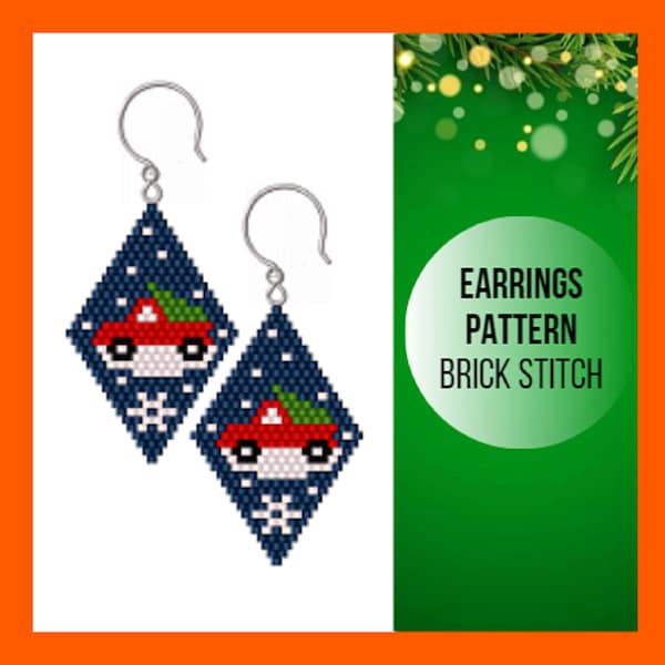 Christmas car seed bead brick stitch earring pattern, Rhombus pattern, Xmas red car, Miyuki Delica, Beadwork, Handwoven earring, pdf digital