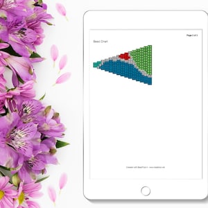 May include: A bead chart with a triangular design. The chart is divided into sections of green, blue, and red beads. The chart is labeled "Bead Chart" and "Page 2 of 3".