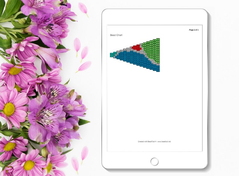 May include: A bead chart with a triangular design. The chart is divided into sections of green, blue, and red beads. The chart is labeled "Bead Chart" and "Page 2 of 3".
