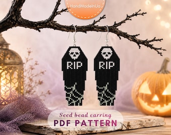 Halloween Coffin Skull Earrings Pattern, Brick Stitch Fringe, Festive Beading, RIP Seed Bead Earrings DIY spooky jewelry PDF digital 288