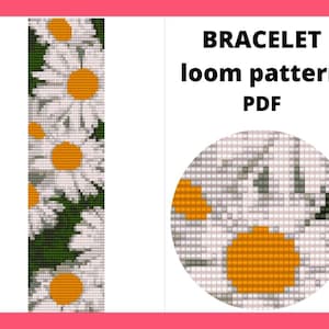 Op de afbeelding: Een digitaal downloadpatroon voor een madeliefjesarmband, gemaakt met loom bands. Het patroon wordt getoond in een cirkel en een lange strook, met witte madeliefjes en gele centra.
