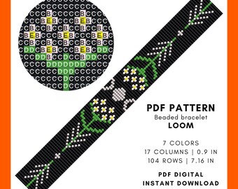 May include: Black beaded bracelet loom pattern with a floral design. The pattern includes white, green, and yellow accents. The text on the image says "PDF PATTERN Beaded bracelet LOOM". The bracelet is 0.9 inches wide and 7.16 inches long.