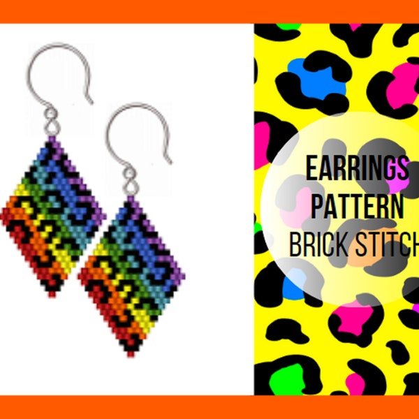 Cheetah print brick stitch earring pattern, Bright multicolor Rainbow gradient Miyuki Delica seed bead pattern Wild cat wildlife digital 495